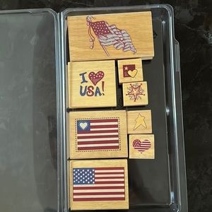 I LOVE USA 8 piece flag wooden rubber stamp set